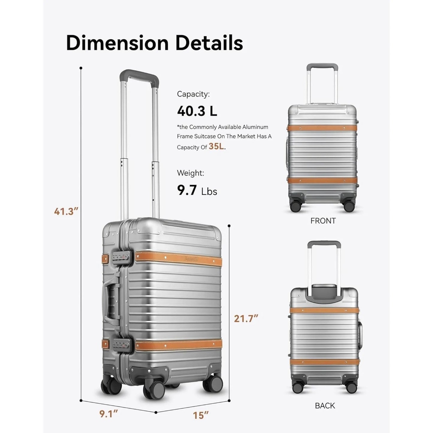 Aluminum Carry On Luggage with USB Port Wheels