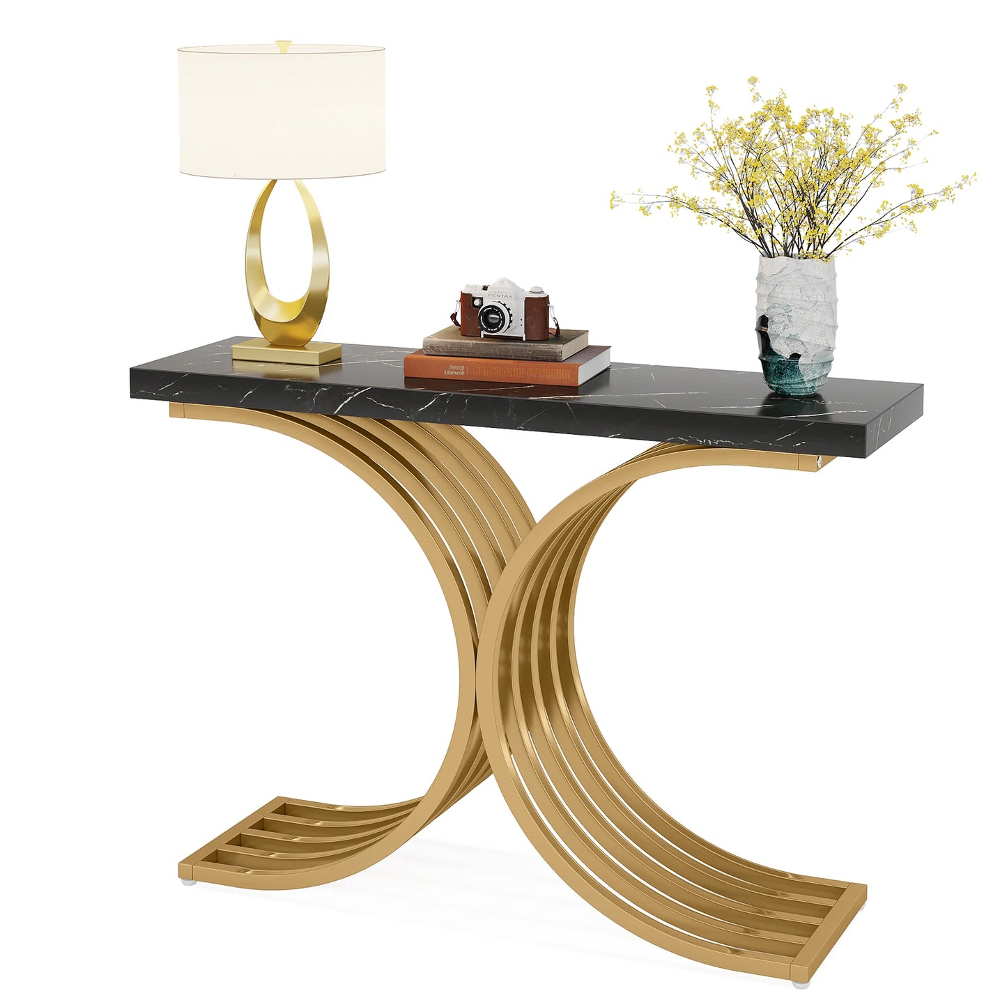 Tribesigns 39 Inch Modern Faux Marble Console Table with Gold Geometric Metal Legs for Entryway or Sofa