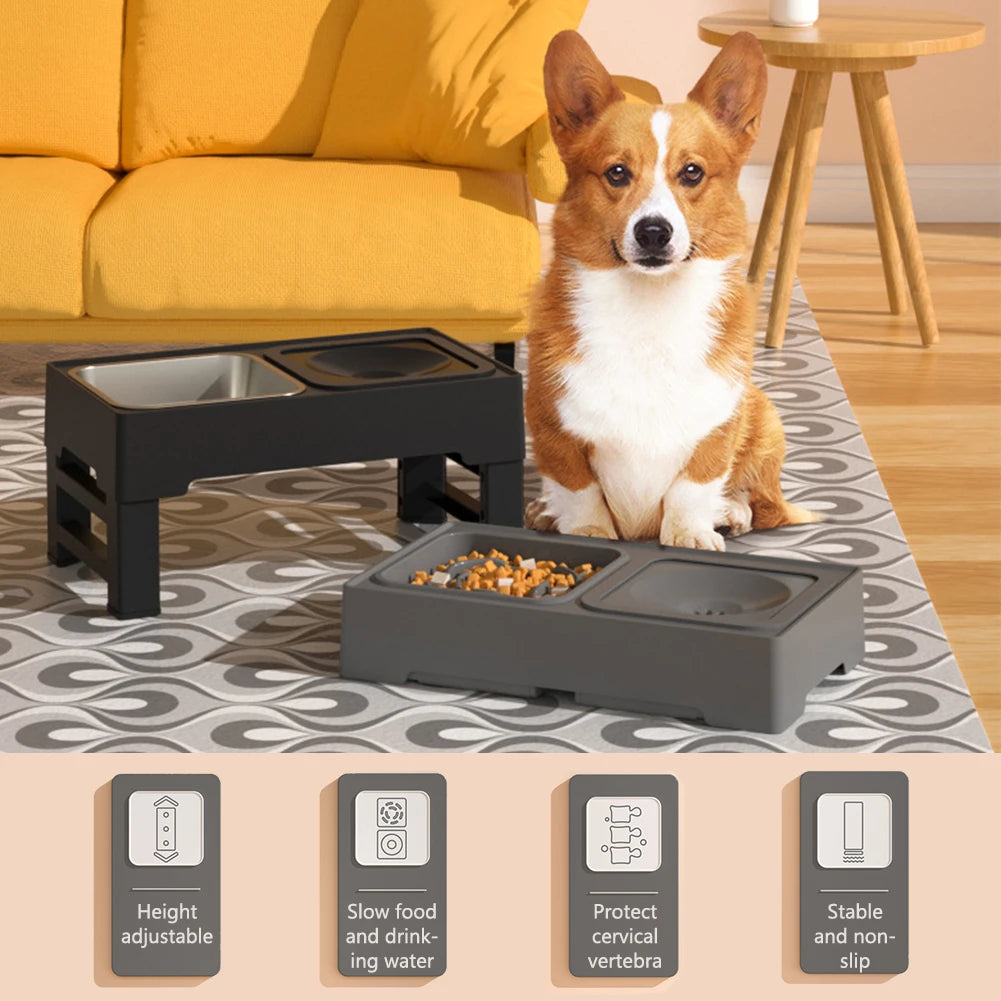 Adjustable Elevated Pet Feeder with Slow Feed and Water Bowls