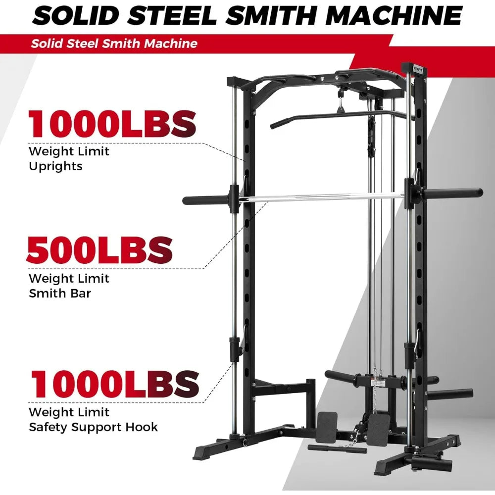Smith Machine Power Rack with Lat Pulldown, Landmine, and Barbell Storage