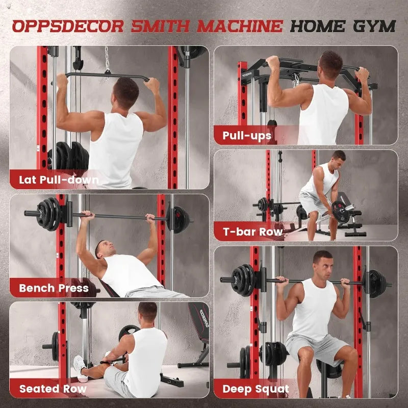 All in One Smith Machine Power Rack with Lat Pulldown and Cable System for Home Gym