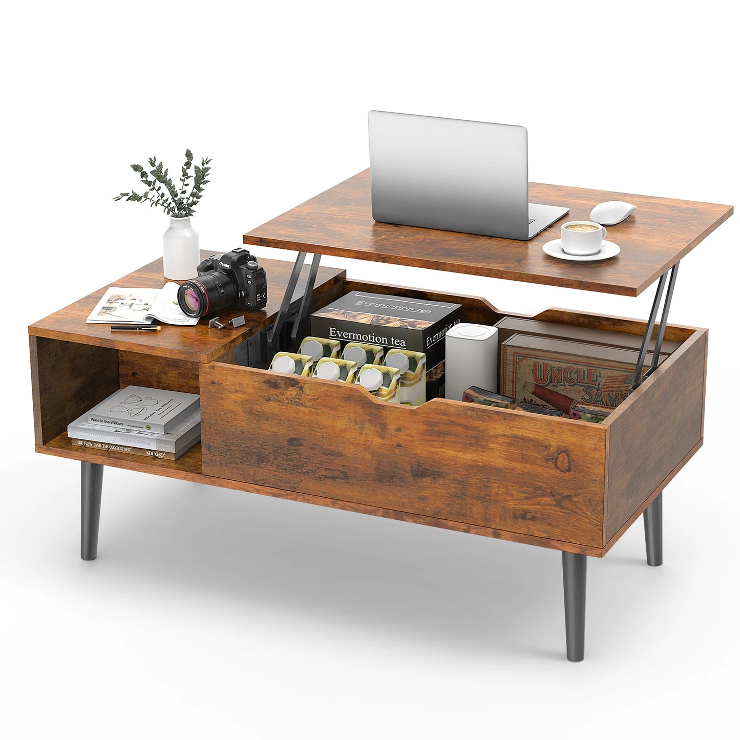Modern Lift-Top Coffee Table with Adjustable Height & Hidden Storage