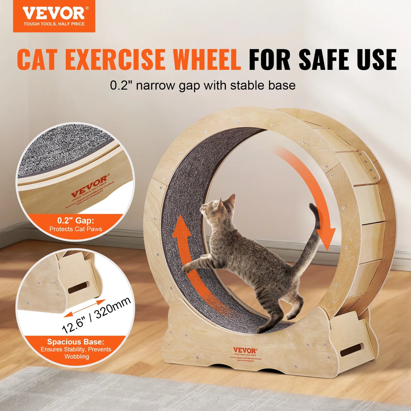 VEVOR Wooden Cat Exercise Wheel Silent Treadmill with Detachable Carpet