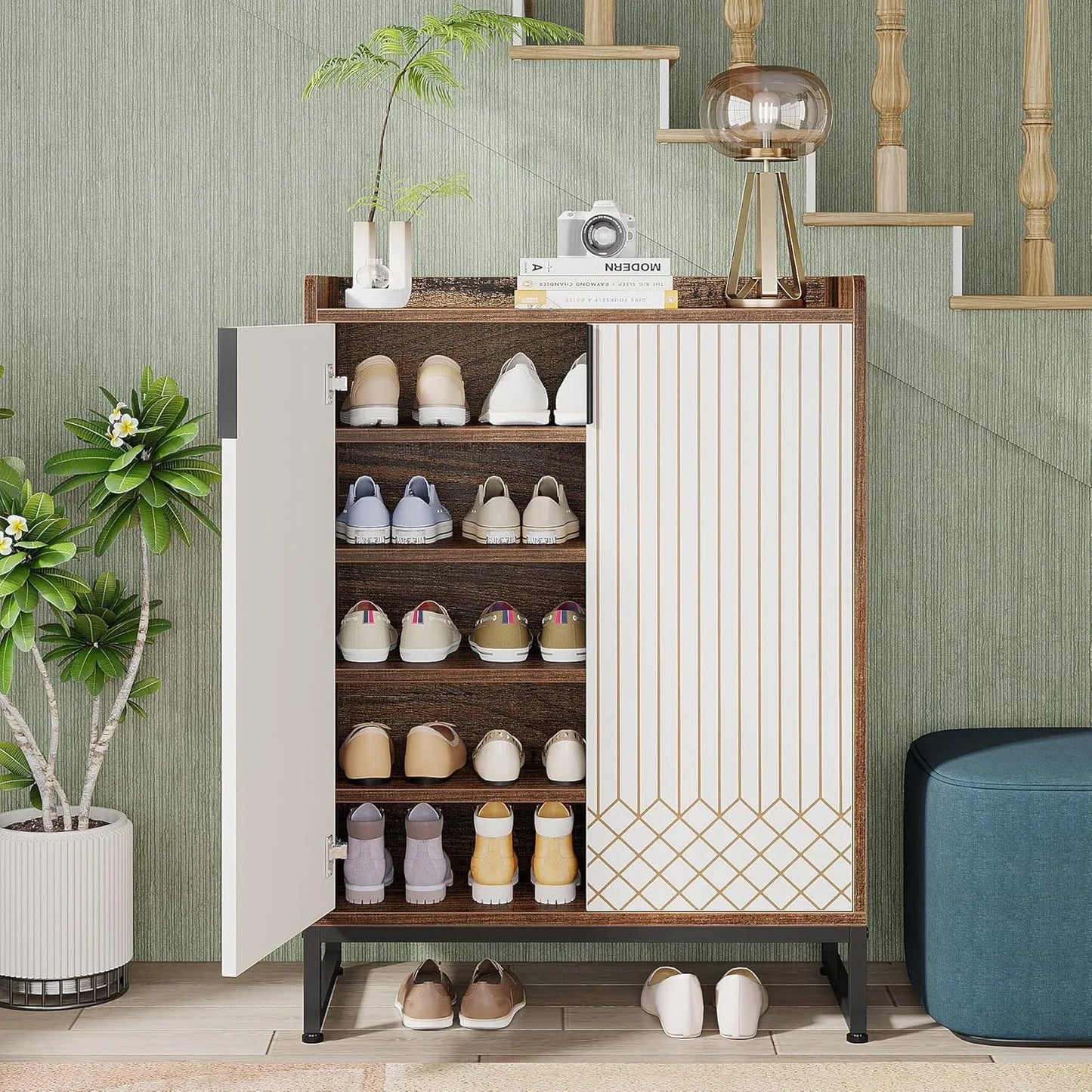 5 Tier Wood Shoe Cabinet with Doors for Entryway Storage