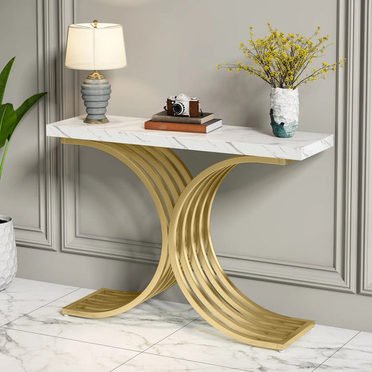 Tribesigns 39 Inch Modern Faux Marble Console Table with Gold Geometric Metal Legs for Entryway or Sofa