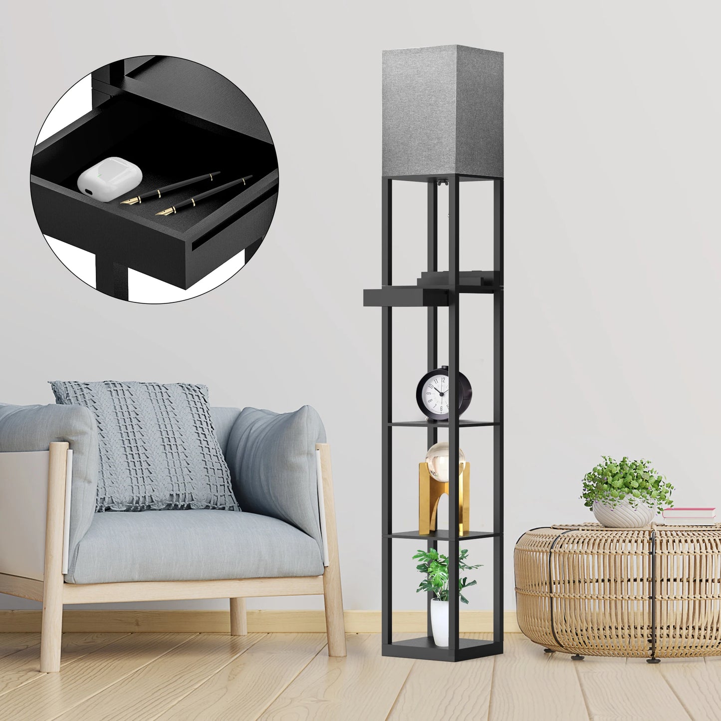 67 Inch Solid Wood Floor Lamp with Shelves USB Ports Storage Drawer and LED Bulb