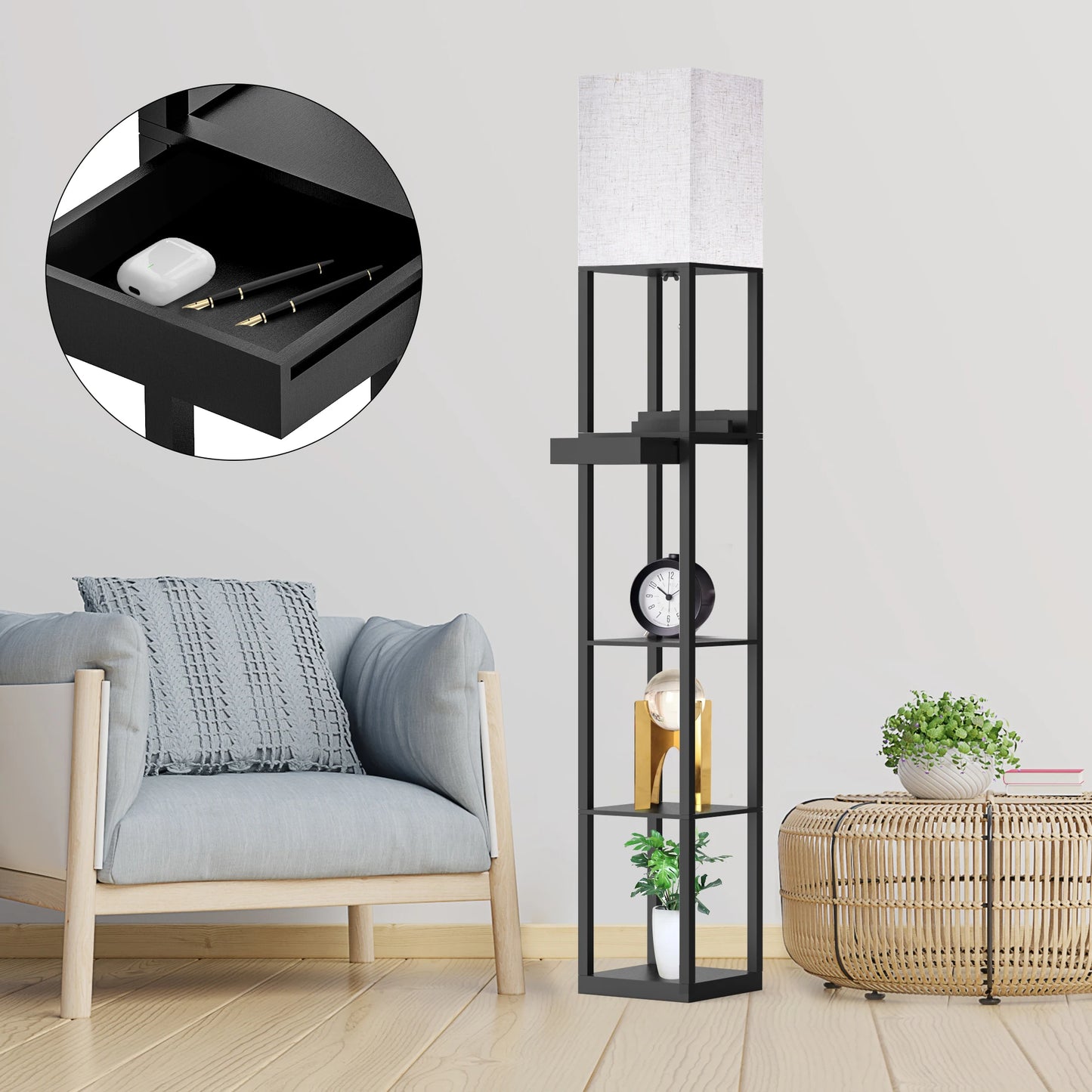 67 Inch Solid Wood Floor Lamp with Shelves USB Ports Storage Drawer and LED Bulb
