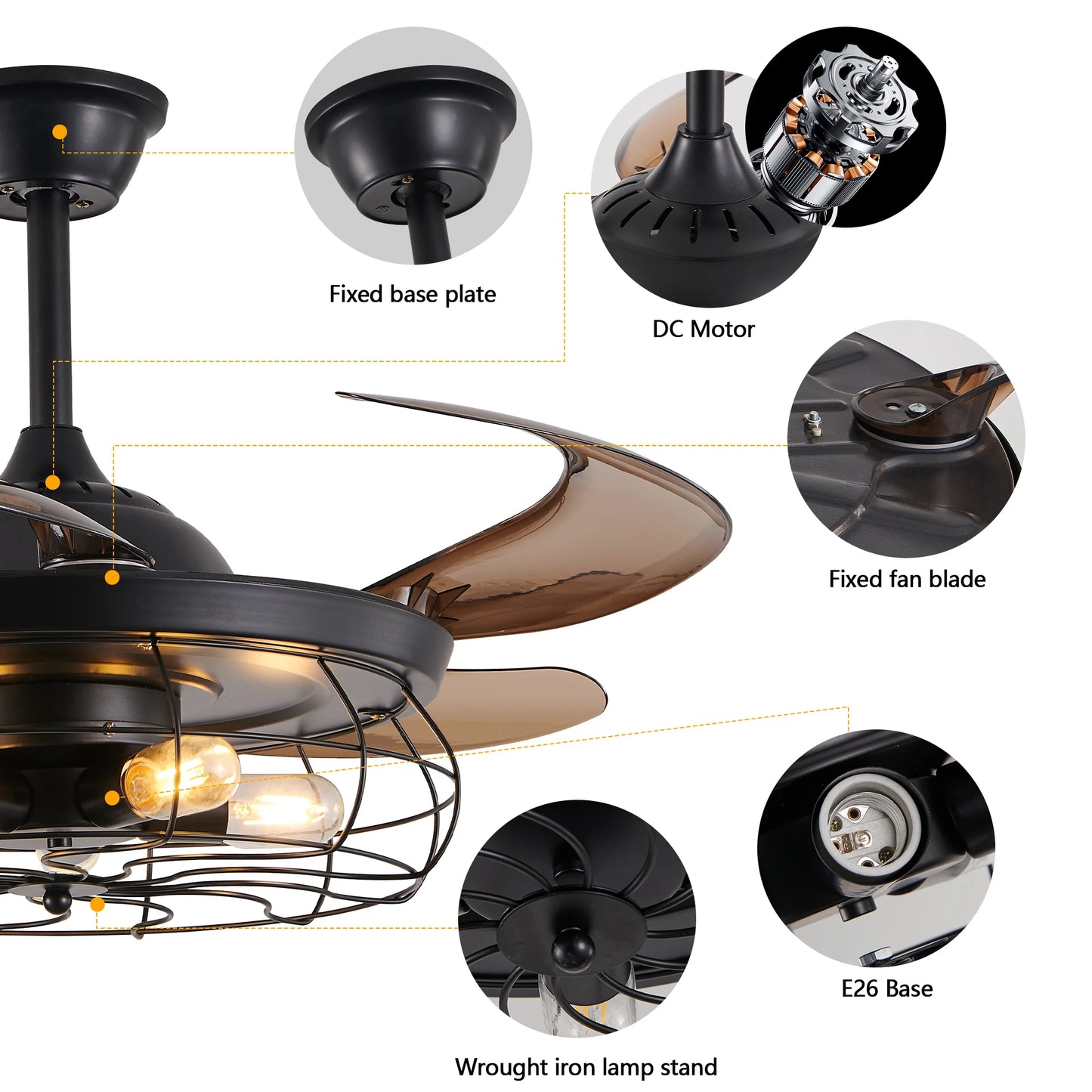 48" Black Remote Control Ceiling Fan Light Retractable 4-Blade Fan with Cage Design Adjustable Speed for Living Room, Bedroom
