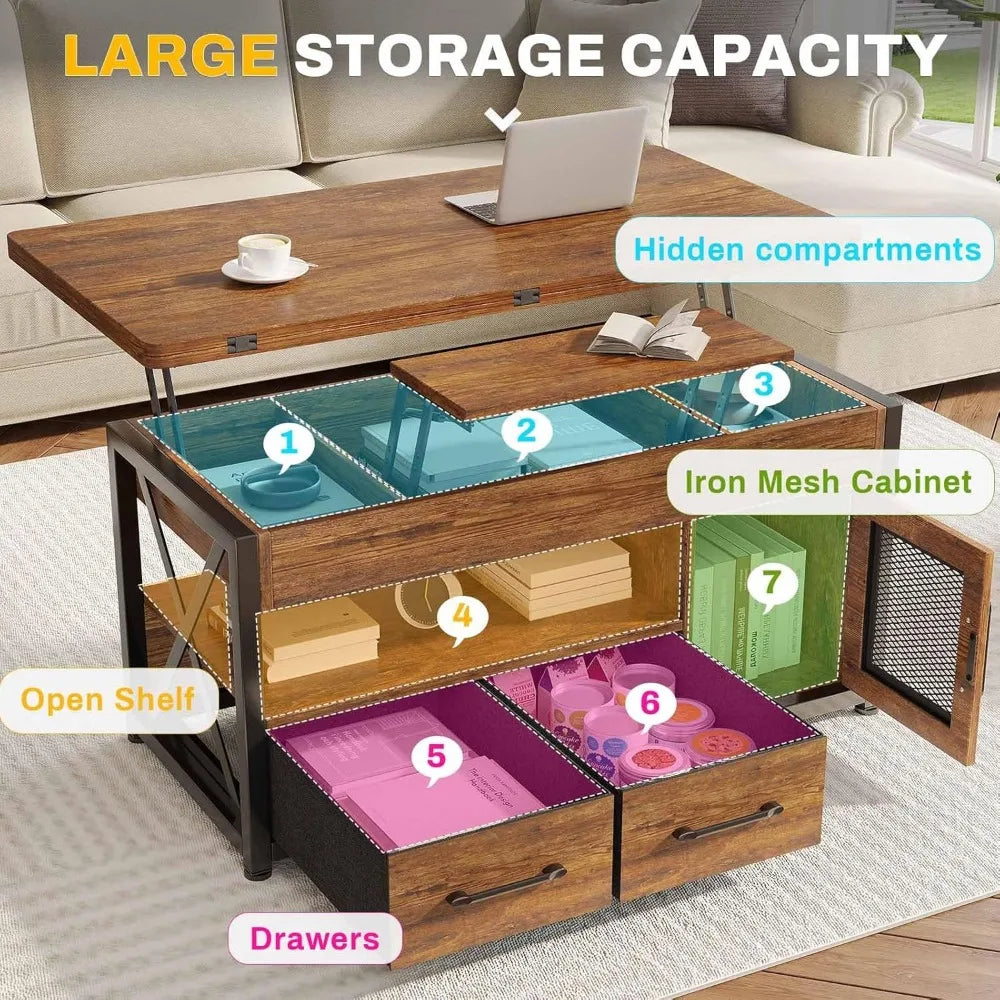 40 Inch 4 in 1 Lift Top Coffee Table with Storage Cabinet and Drawers