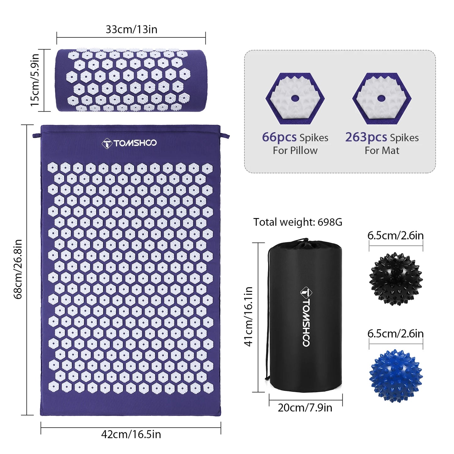 Acupressure Mat and Pillow Set with Massage Balls and Carry Bag