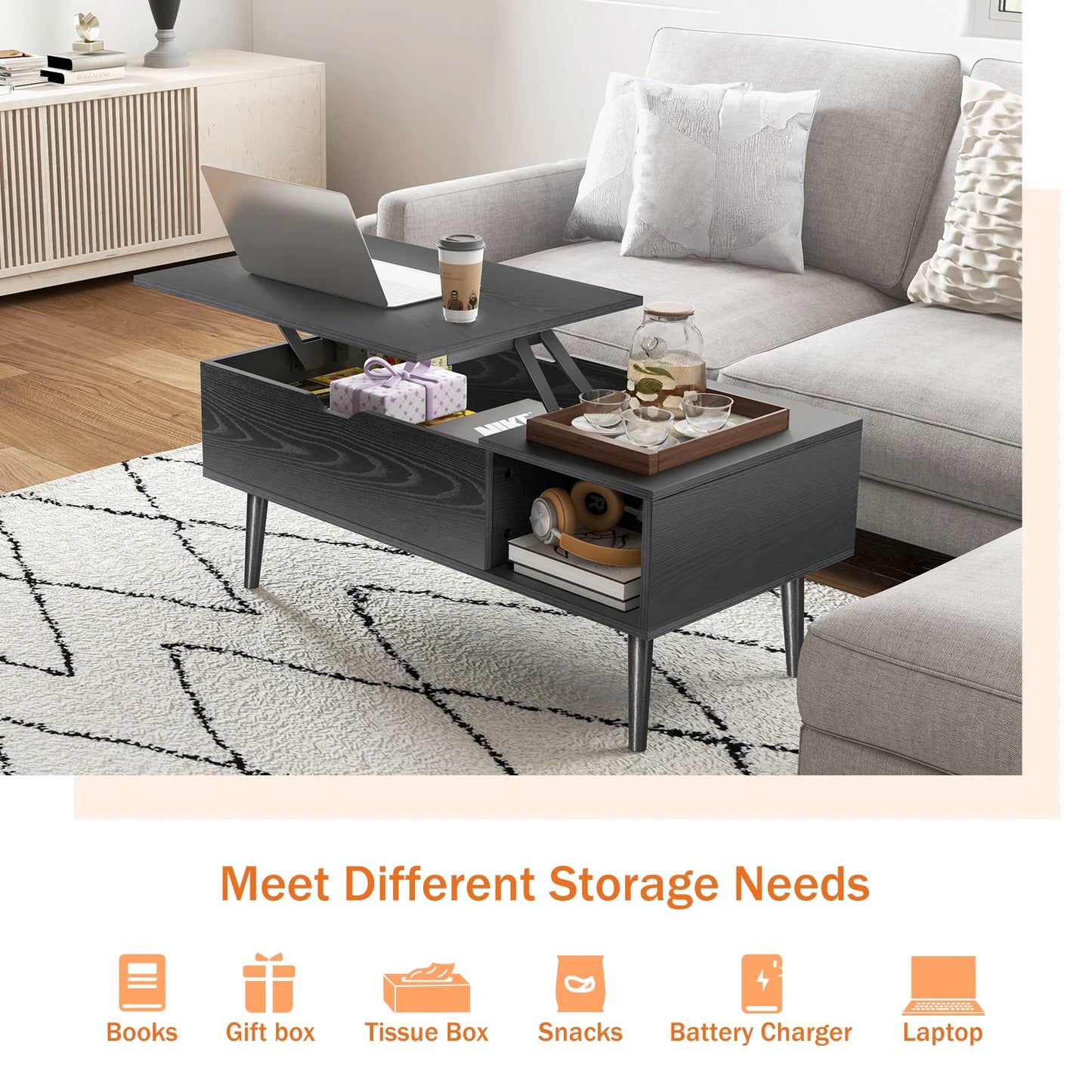 Modern Lift-Top Coffee Table with Adjustable Height & Hidden Storage