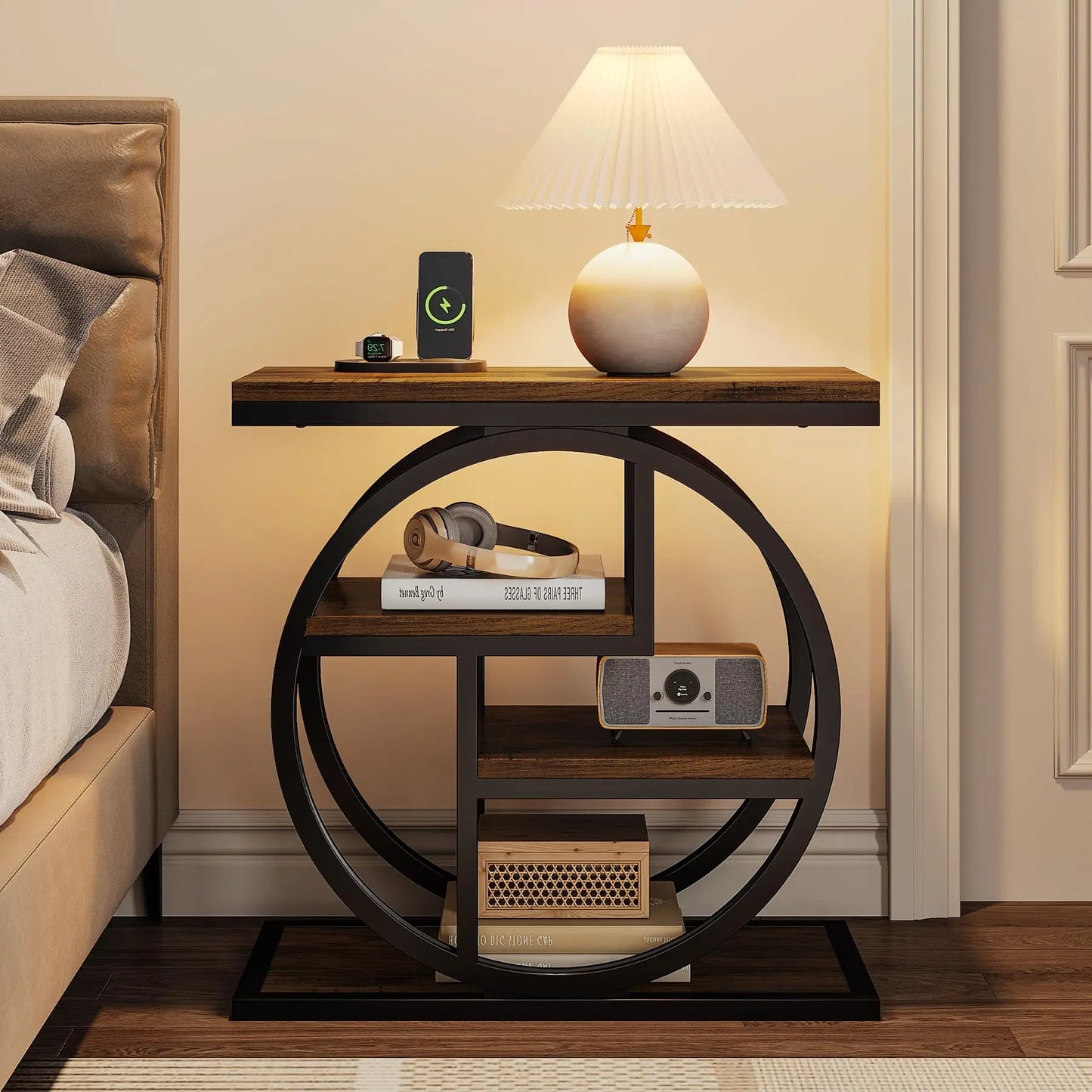 Rustic 4-Tier End Table with Storage Shelves for Living Room & Bedroom