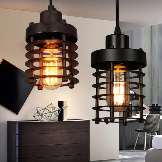 Vintage Industrial Pendant Light with Adjustable Iron Cage Shade