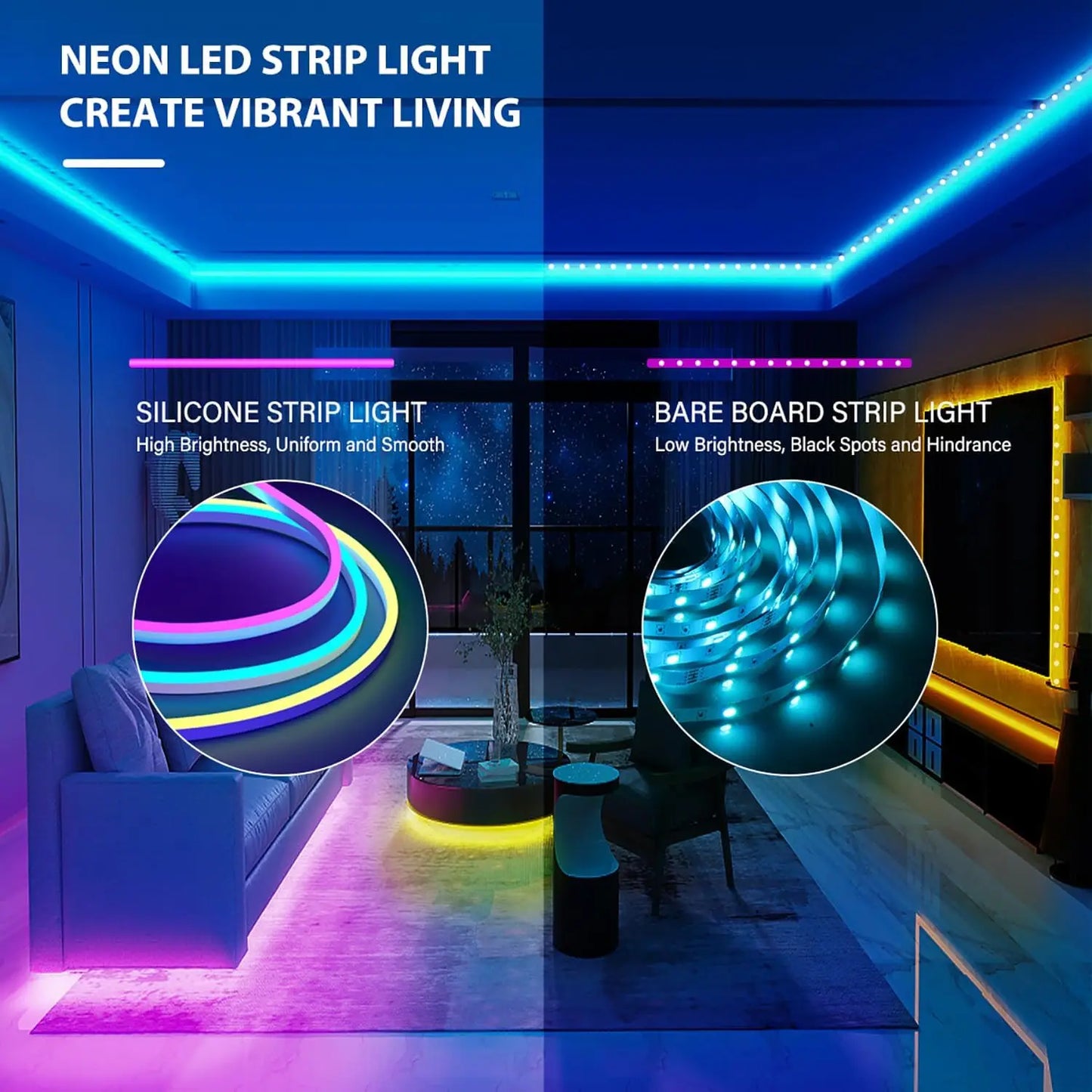 Smart RGB Neon LED Strip Lights – Waterproof, Music Sync, App & Remote Control