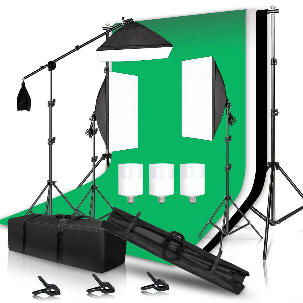 Photography Lighting Kit with Softboxes Background Stand and Boom Arm for Studio and Video Recording