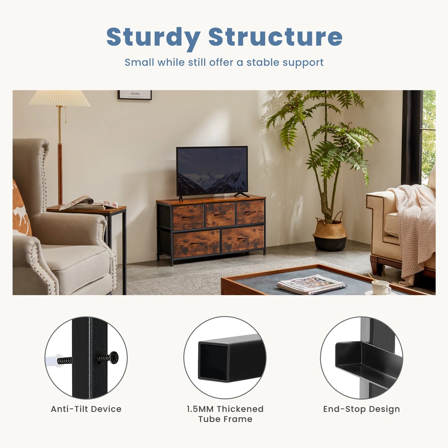 Modern 5-Drawer Storage Cabinet with Steel Frame & Fabric Bins