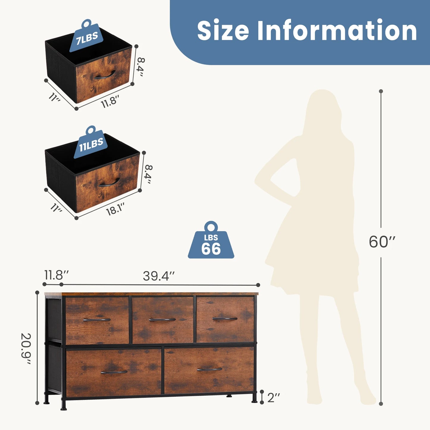 Modern 5-Drawer Storage Cabinet with Steel Frame & Fabric Bins