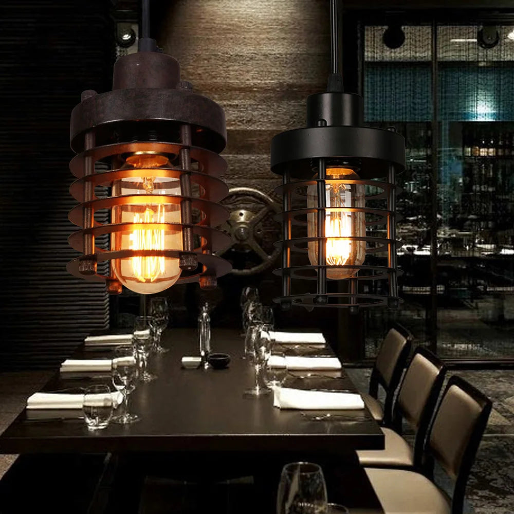 Vintage Industrial Pendant Light with Adjustable Iron Cage Shade