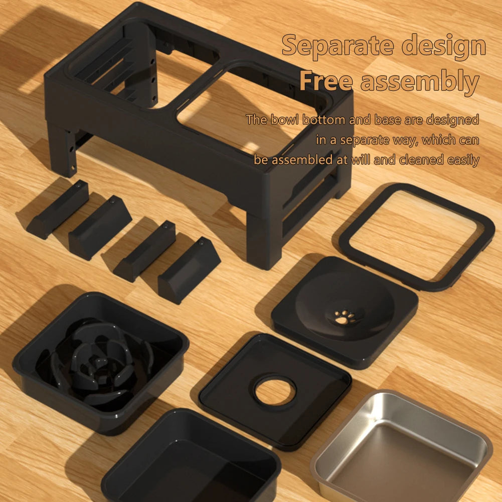Adjustable Elevated Pet Feeder with Slow Feed and Water Bowls