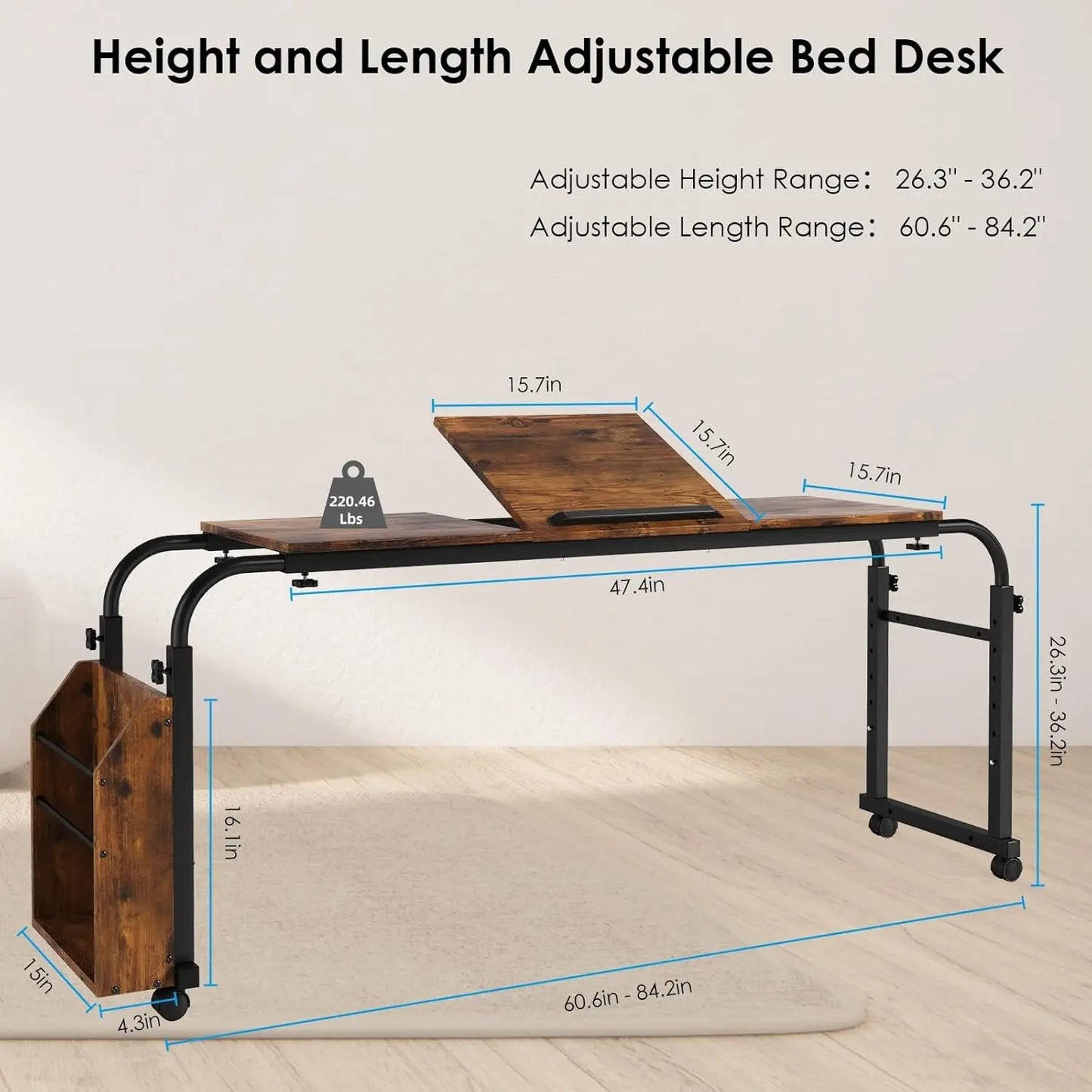 Adjustable Overbed Rolling Desk with Wheels Tilt Stand and Storage 60.6 to 84.2 Inch Mobile Laptop Table