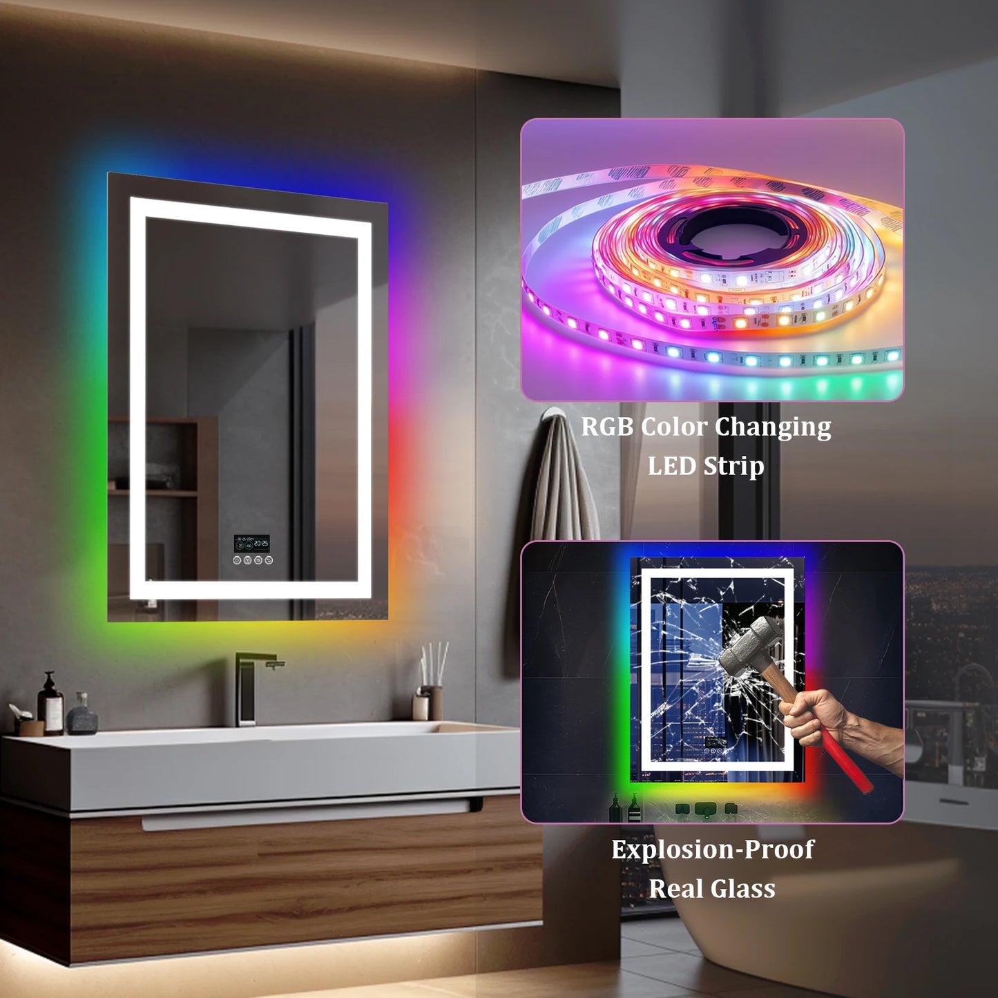 RGB LED Bathroom Mirror with Bluetooth Speaker, Anti-Fog & Dimmable Lighting