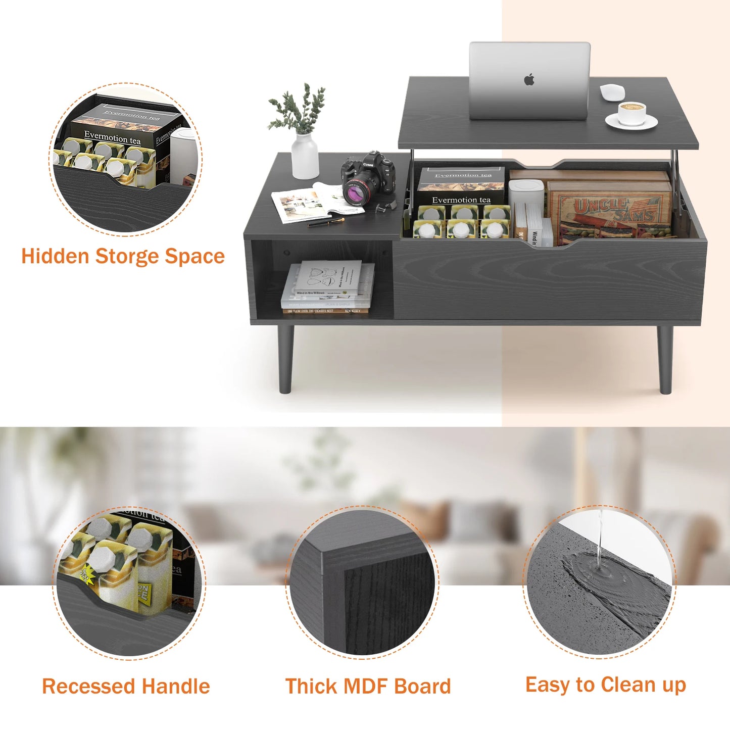 Modern Lift-Top Coffee Table with Adjustable Height & Hidden Storage