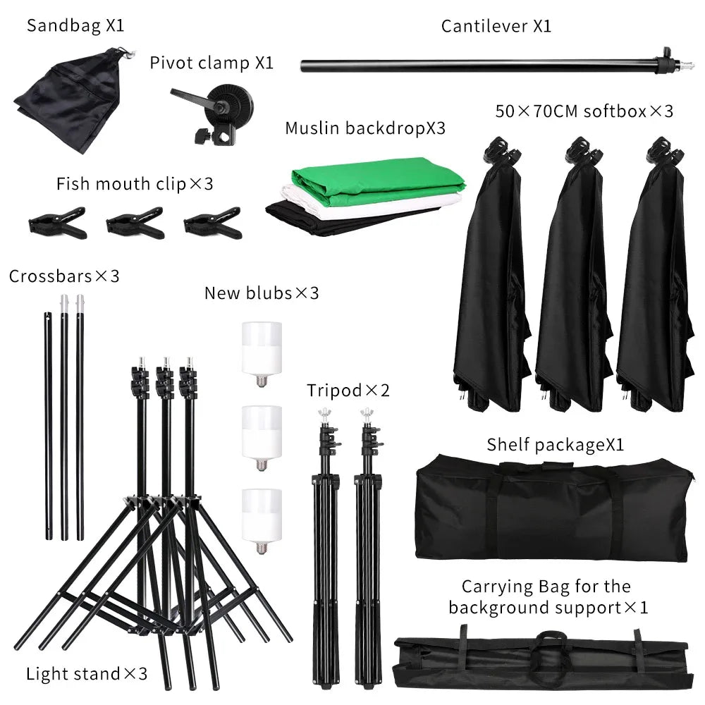Photography Lighting Kit with Softboxes Background Stand and Boom Arm for Studio and Video Recording