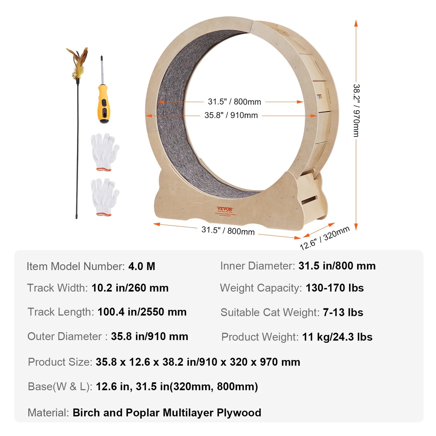 VEVOR Wooden Cat Exercise Wheel Silent Treadmill with Detachable Carpet