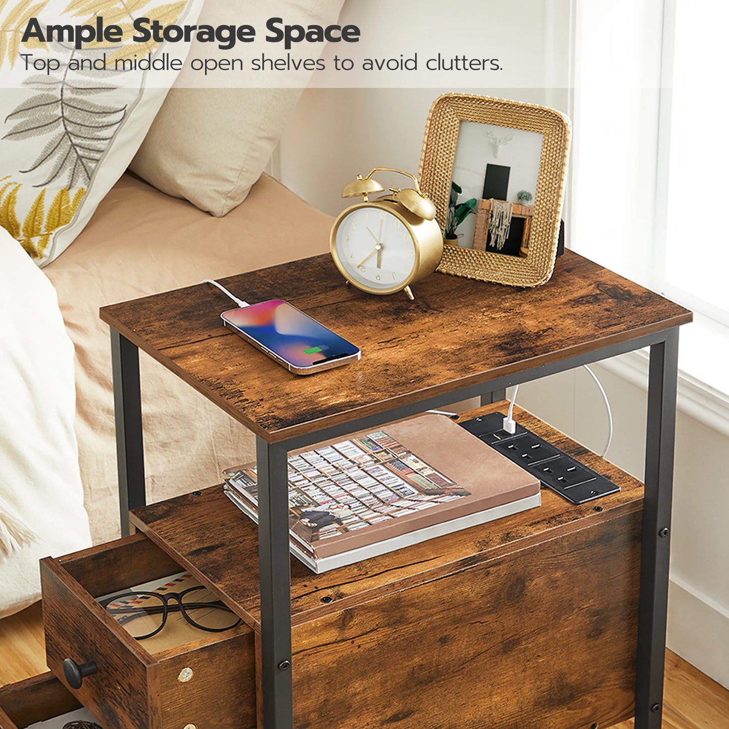 Rustic Nightstand with Charging Station and Storage Drawers