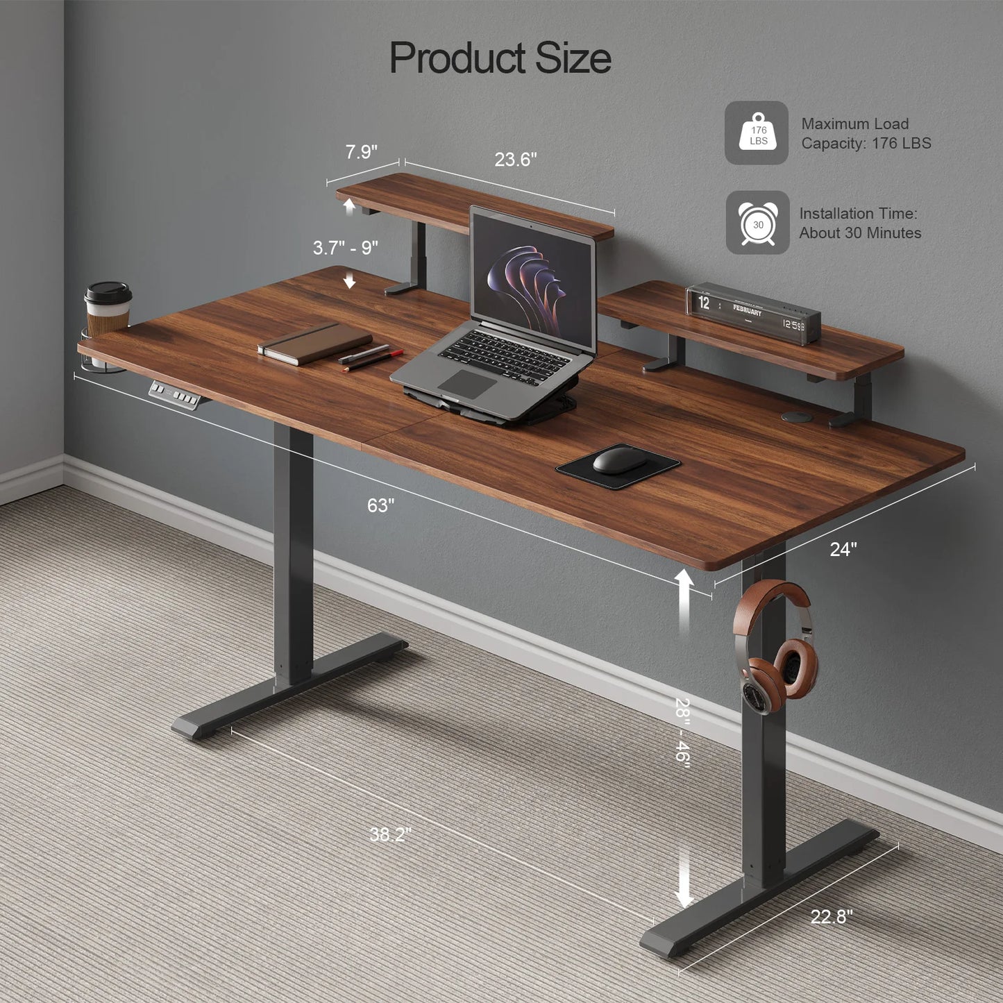 Electric Standing Desk with Adjustable Height and Dual Monitor Shelves