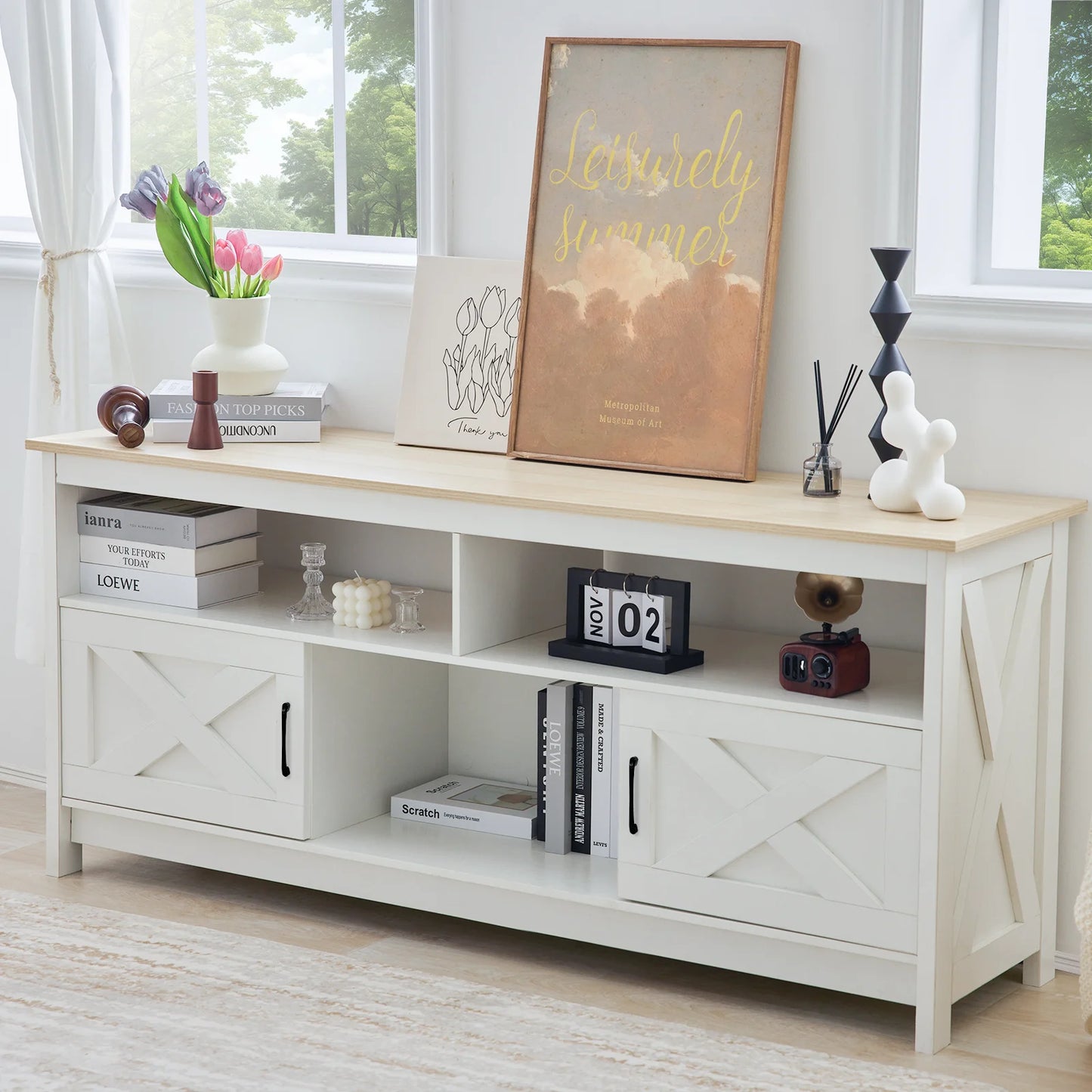 Modern Farmhouse TV Stand for TVs Up to 65 Inches with Storage & Power Outlet