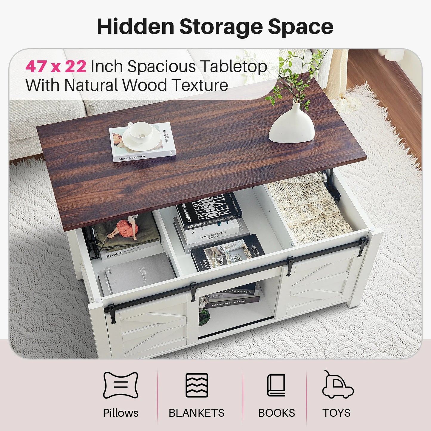 Rustic Lift-Top Coffee Table with Hidden Storage & Sliding Barn Doors