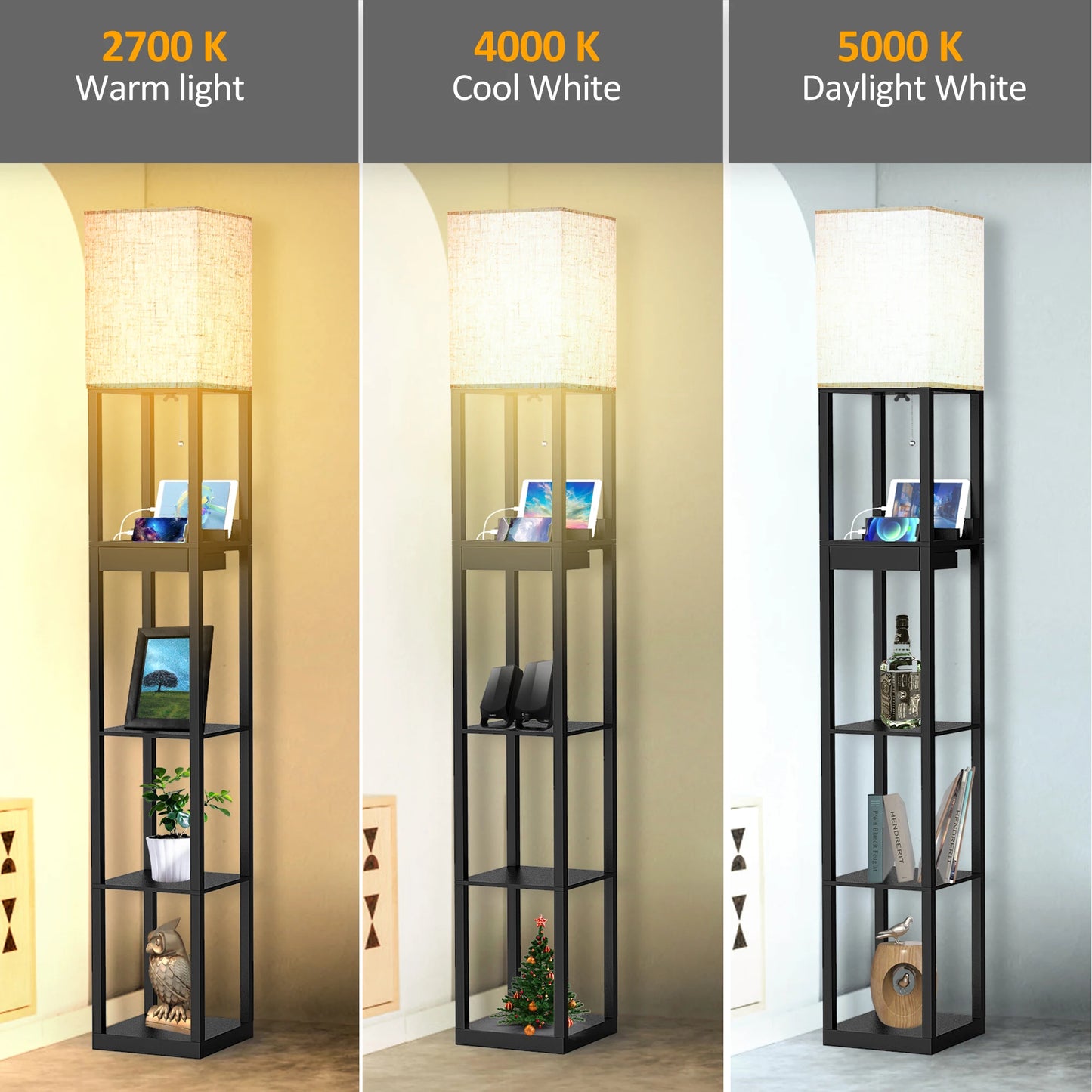 67 Inch Solid Wood Floor Lamp with Shelves USB Ports Storage Drawer and LED Bulb