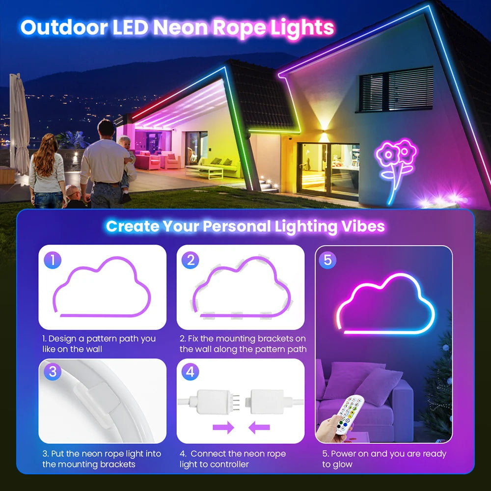 Smart RGB Neon LED Strip Lights – Waterproof, Music Sync, App & Remote Control