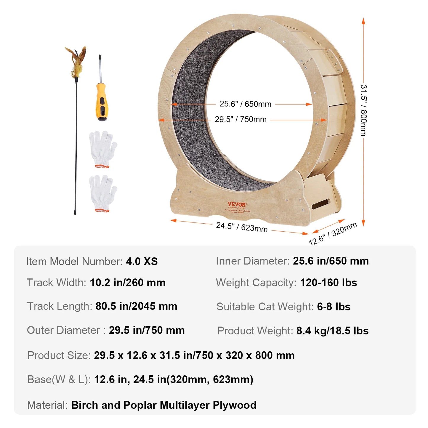VEVOR Wooden Cat Exercise Wheel Silent Treadmill with Detachable Carpet