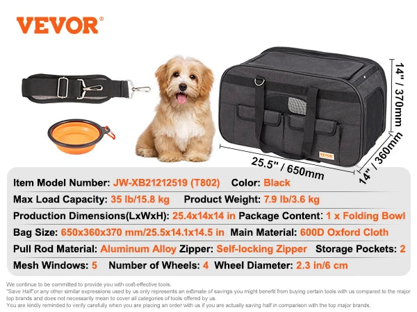VEVOR Rolling Pet Carrier Backpack with Wheels Telescopic Handle and Shoulder Strap for Travel