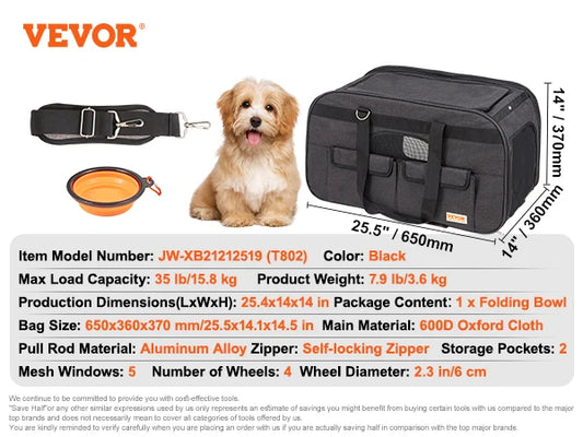 VEVOR Rolling Pet Carrier Backpack with Wheels Telescopic Handle and Shoulder Strap for Travel