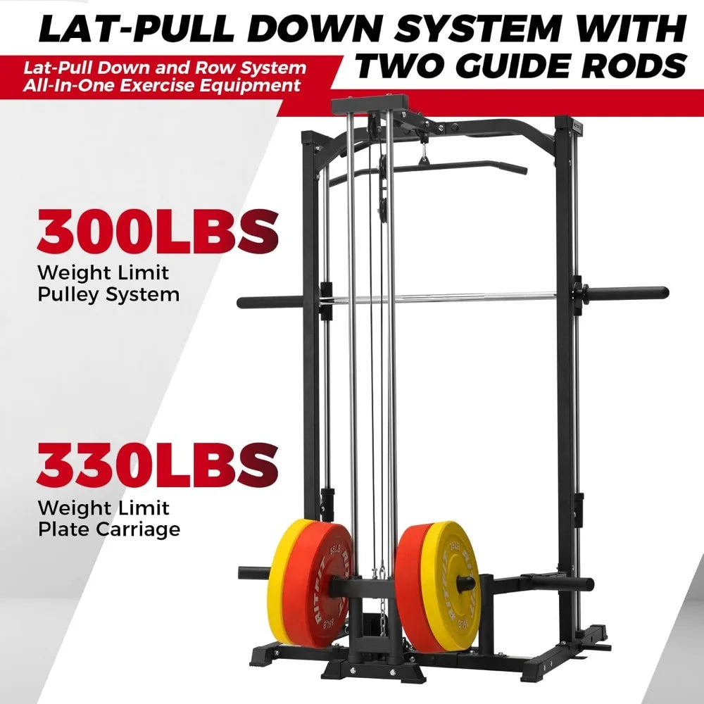 Smith Machine Power Rack with Lat Pulldown, Landmine, and Barbell Storage