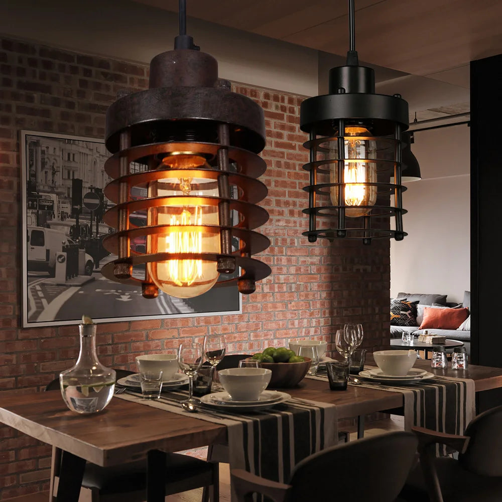 Vintage Industrial Pendant Light with Adjustable Iron Cage Shade