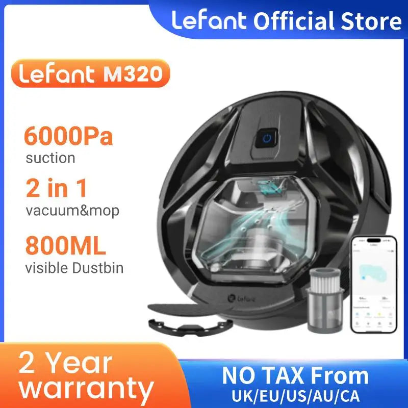Lefant M320 Robot Vacuum and Mop 6000Pa Suction 210 Min Runtime Self Charging for Pet Hair Hard Floors and Carpet