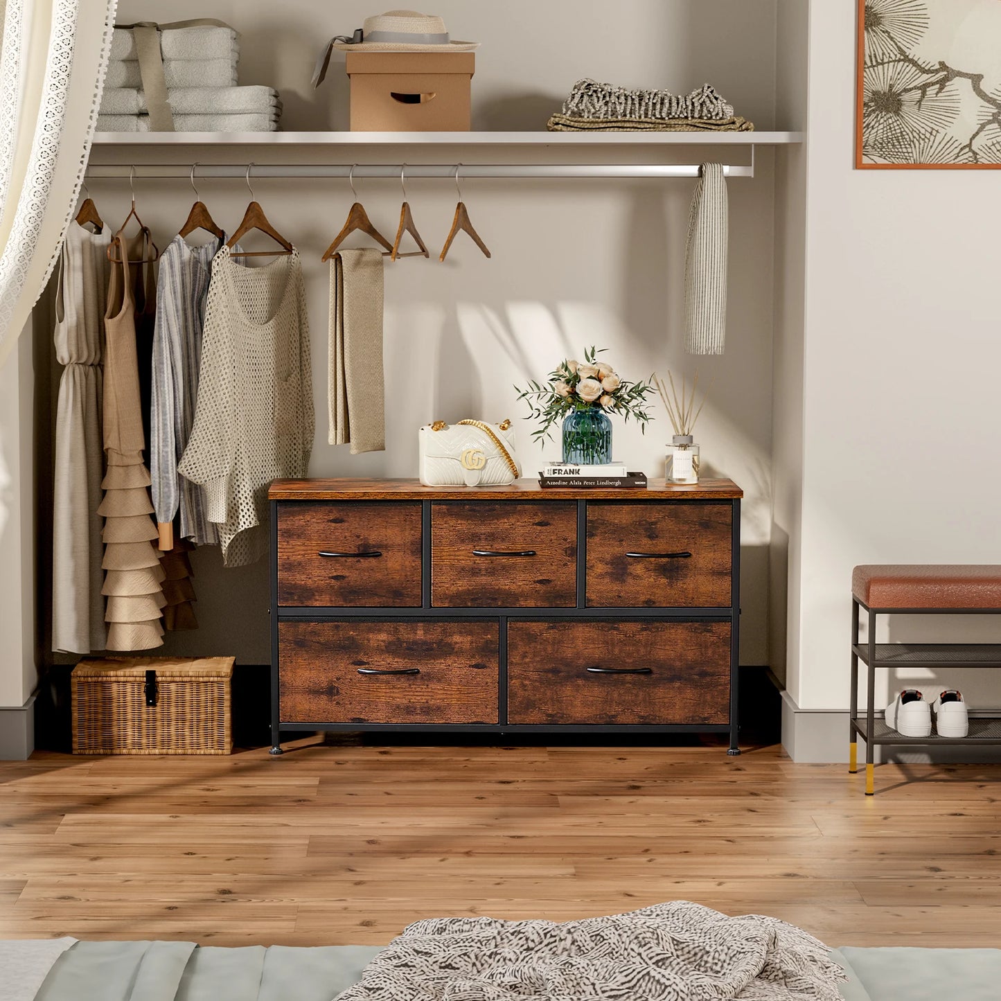 Modern 5-Drawer Storage Cabinet with Steel Frame & Fabric Bins