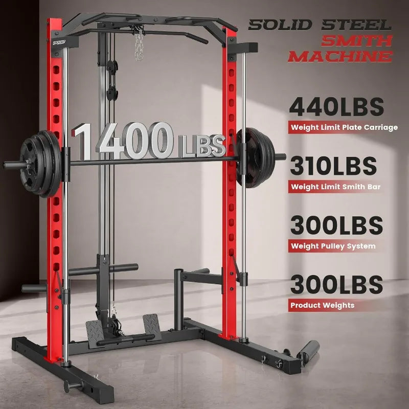 All in One Smith Machine Power Rack with Lat Pulldown and Cable System for Home Gym