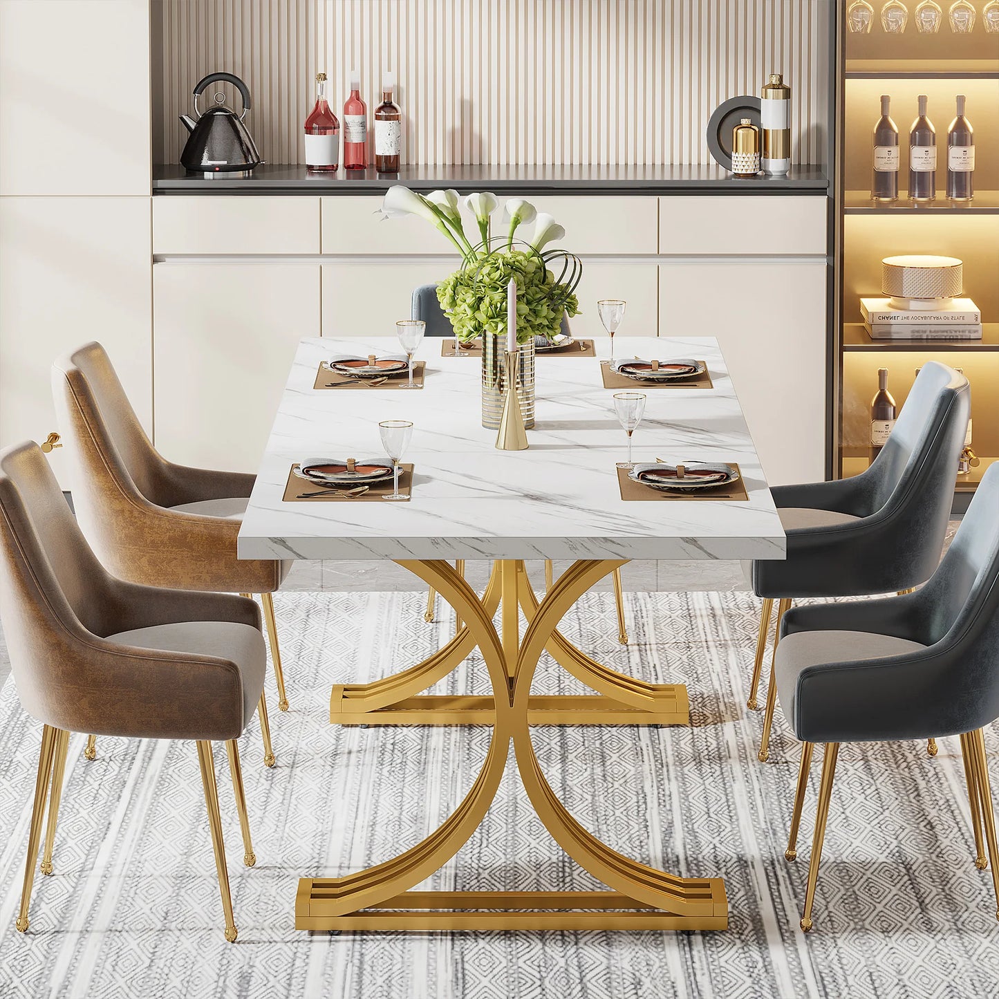 Modern Faux Marble Dining Table 8 Person Capacity