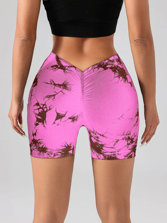 Tie Dye High Waist V Back Scrunch Seamless Yoga Shorts for Women