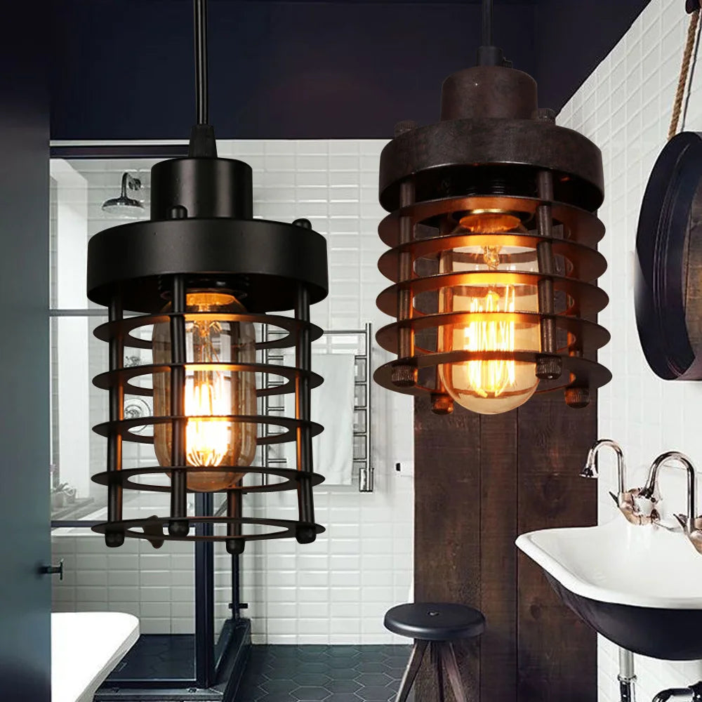 Vintage Industrial Pendant Light with Adjustable Iron Cage Shade