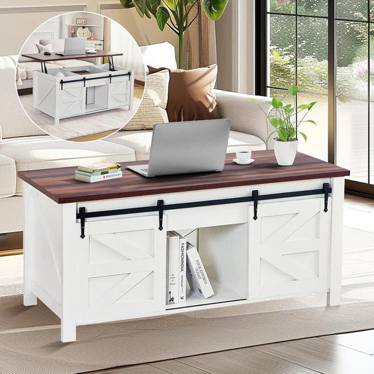 Rustic Lift-Top Coffee Table with Hidden Storage & Sliding Barn Doors