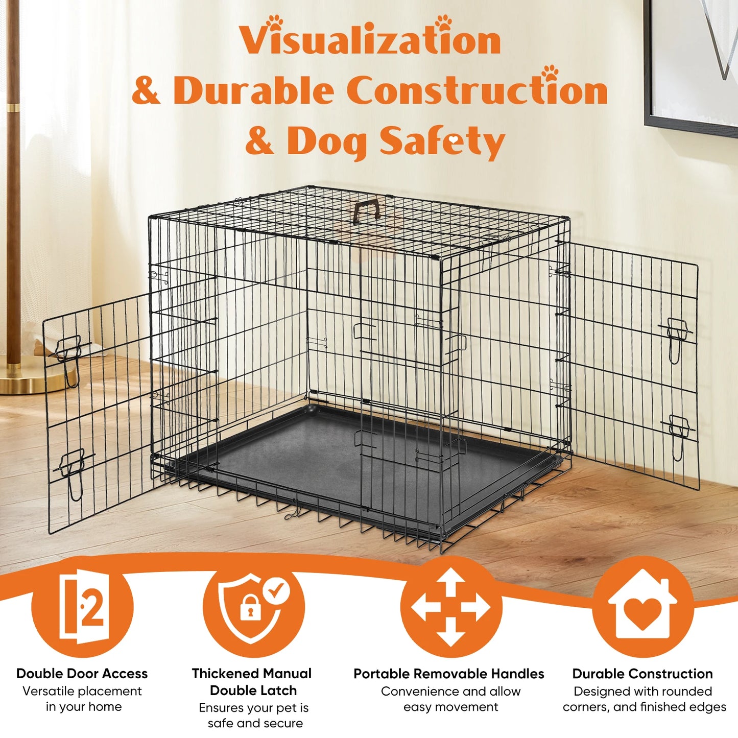 Foldable Metal Dog Crate with Double Doors & Leak-Proof Tray