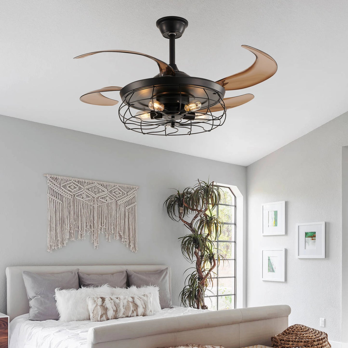 48" Black Remote Control Ceiling Fan Light Retractable 4-Blade Fan with Cage Design Adjustable Speed for Living Room, Bedroom