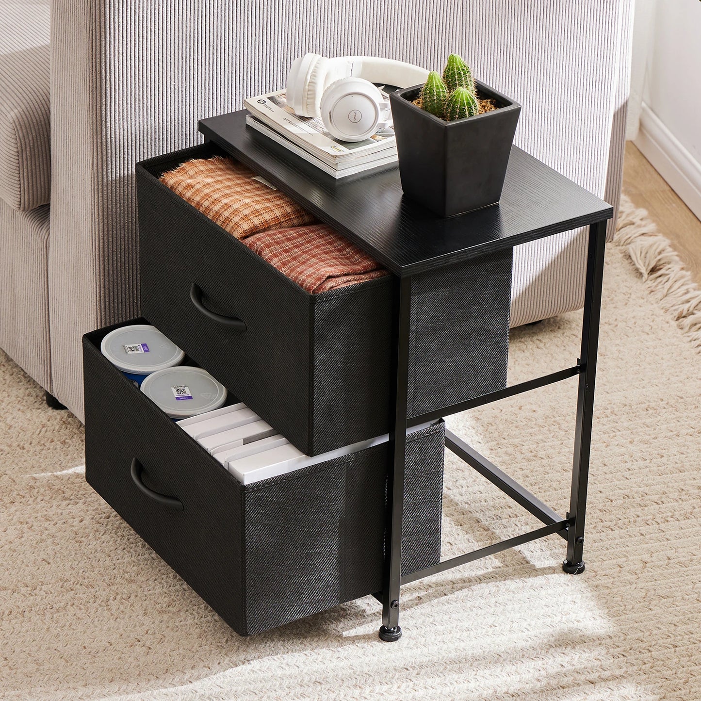 Modern Nightstand with Fabric Storage Drawers