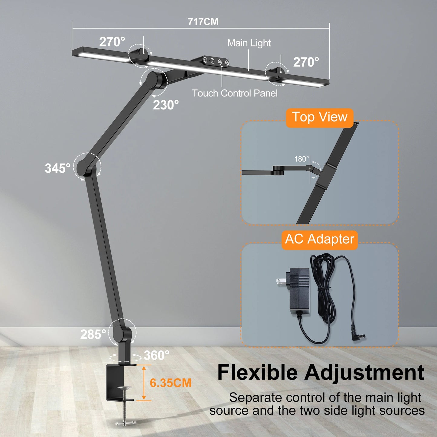 24W LED Clamp Desk Lamp with Auto Dimming and Ambient Lighting for Home Office